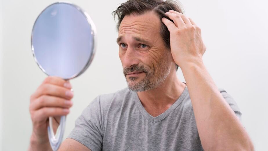 Man examining hair loss