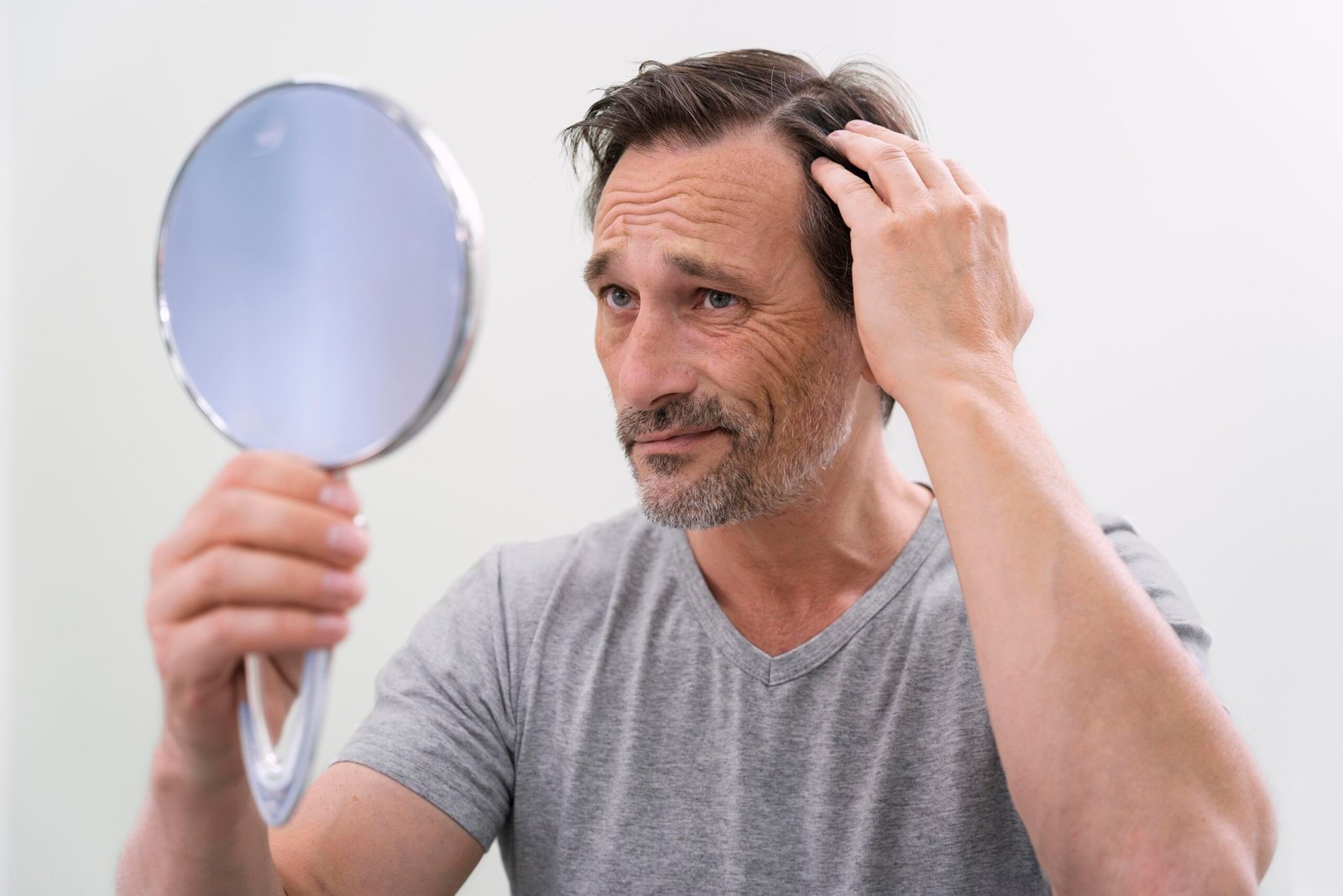 Man examining hair loss